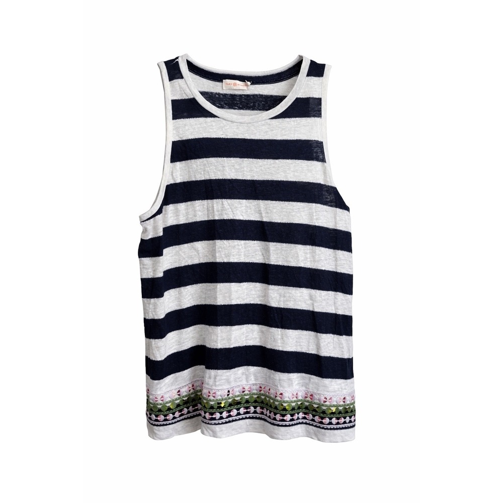 Tory Burch Jackie Linen Tank Navy White Stripe Sequin Hem Size XL